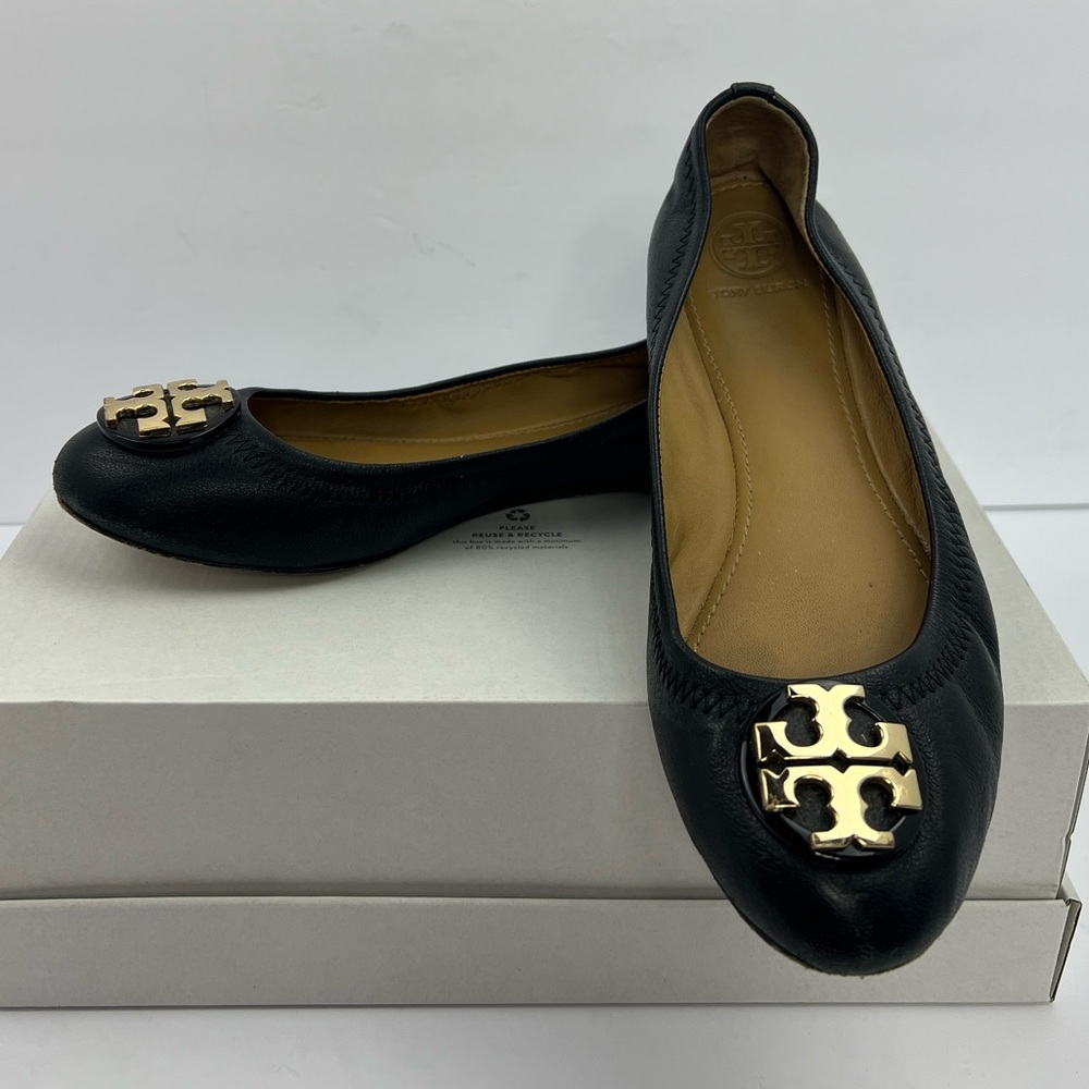 TORY BURCH CLAIRE MINI TRAVEL BALLE FLATS & SLIP-ONS, BLACK SOFT LEATHER, SIZE 7